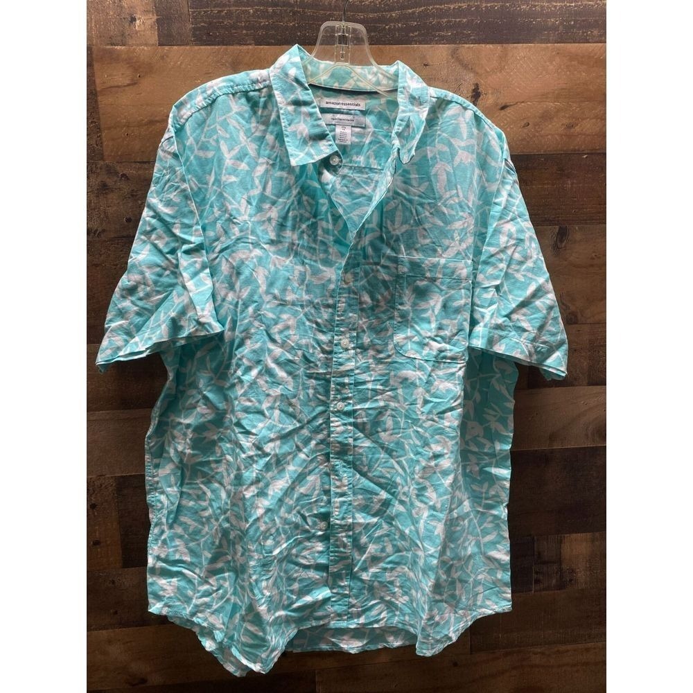 Amazon Essentials Button Up Shirt Men's XL Teal Leaf‎ Print Collared Regular Fit